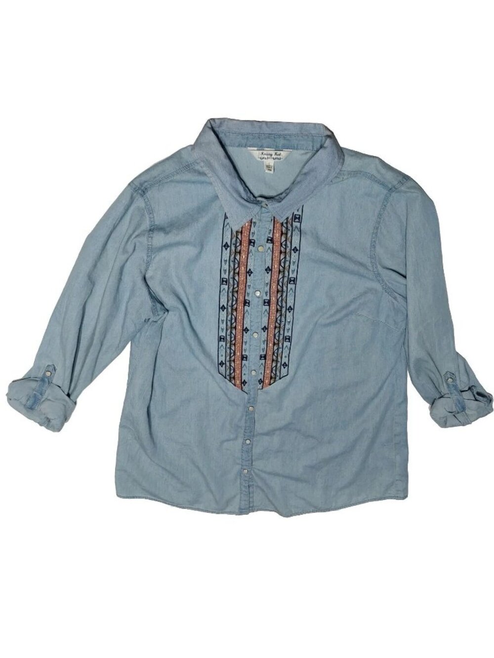 Krazy Kat Chambray Shirt Women's Size Large Snap Buttons Top Embroidered Read
